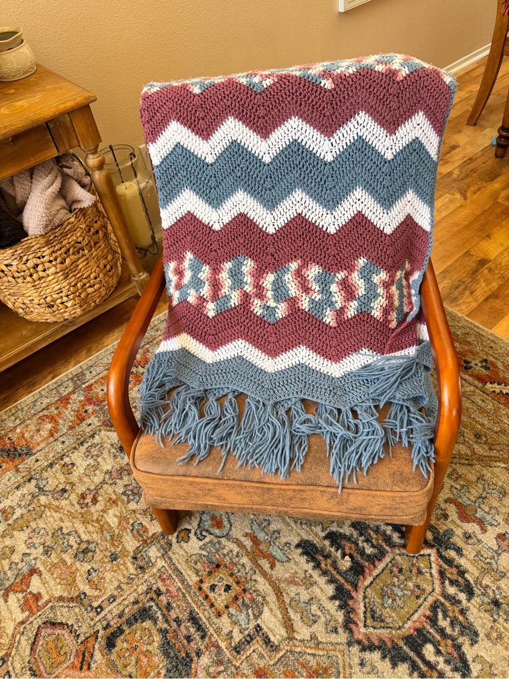 Handmade Crochet Afghan Blanket Blue Rose Chevron Fringe Tassels 72” x 48” Boho
